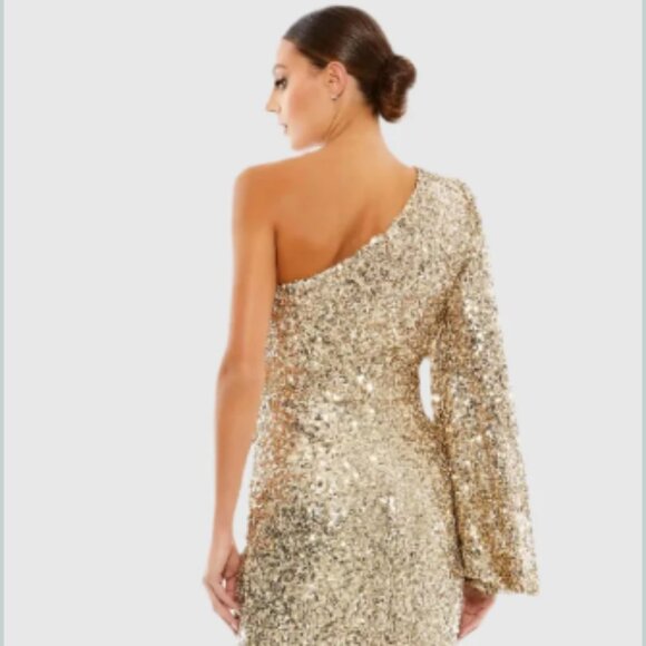 Gold Sequined One Shoulder Bishop Sleeve Trumpet Gown Size 4 / Small - Picture 3 of 8